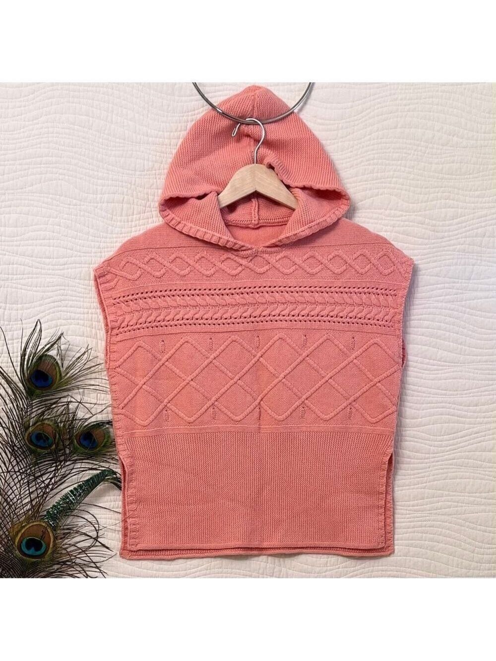 PuTian Boutique Cable Knit Hooded Poncho Vest Sleeveless Sweater Pink Size 7 8 M